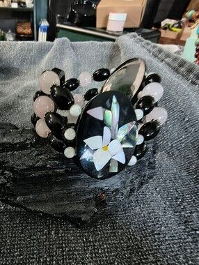 Handcrafted Black Bead Bracelet with Mother-of-Pearl Flower
